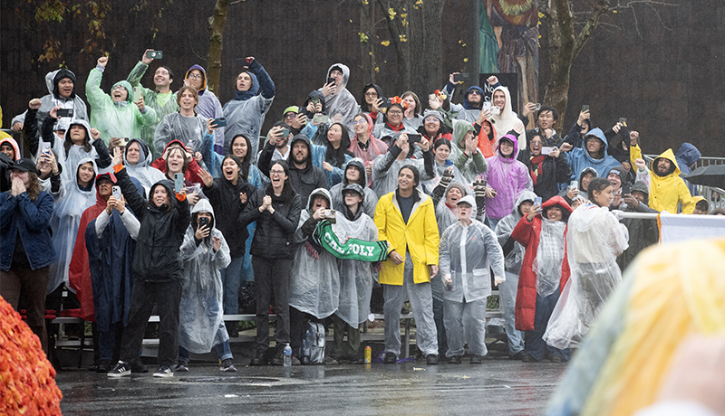 Crowd cheers during the Rose Parade