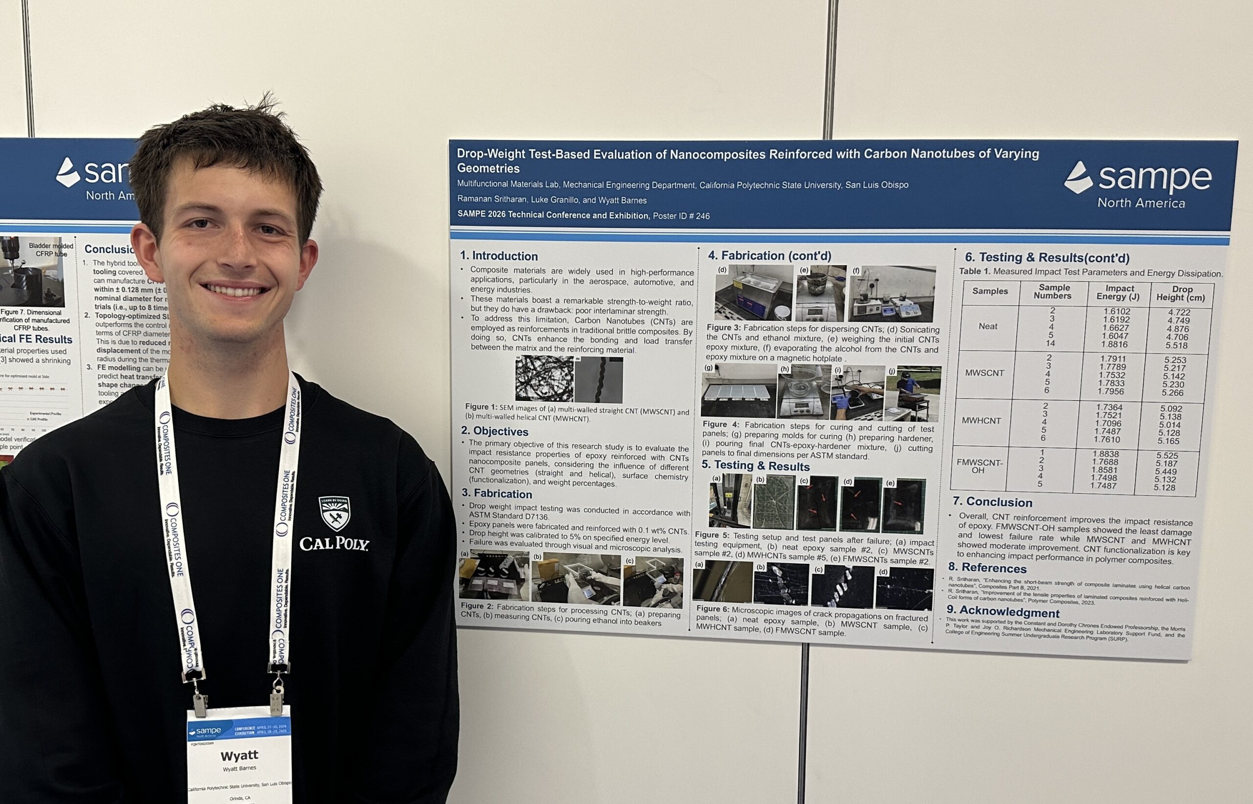A student standing in front of his research poster